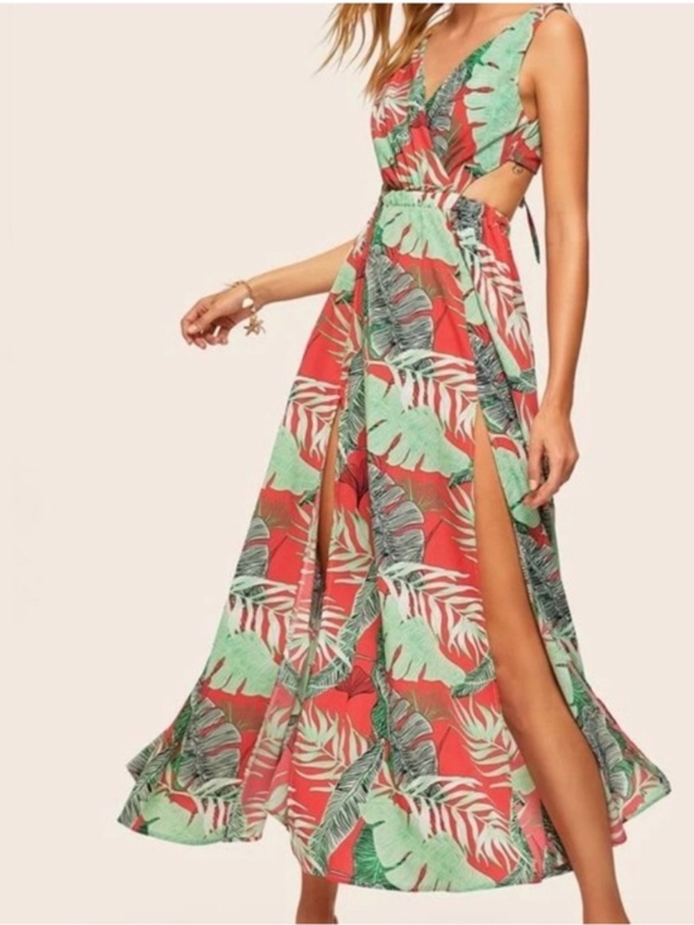 BOUTIQUE Red and Mint Green Tropical Print Maxi Dress- SIZE MEDIUM